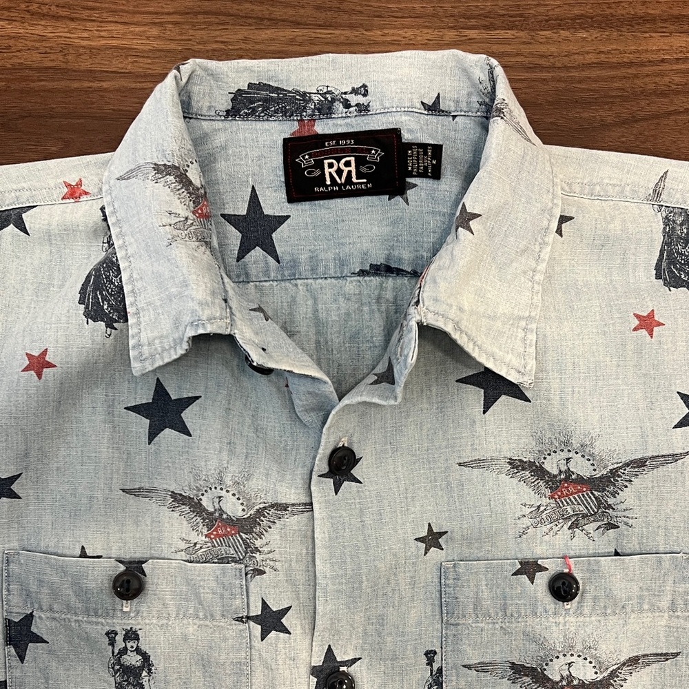 RRL Ralph Lauren "American Liberty" Indigo Chambray Camp Shirt Medium - Picture 3 of 11